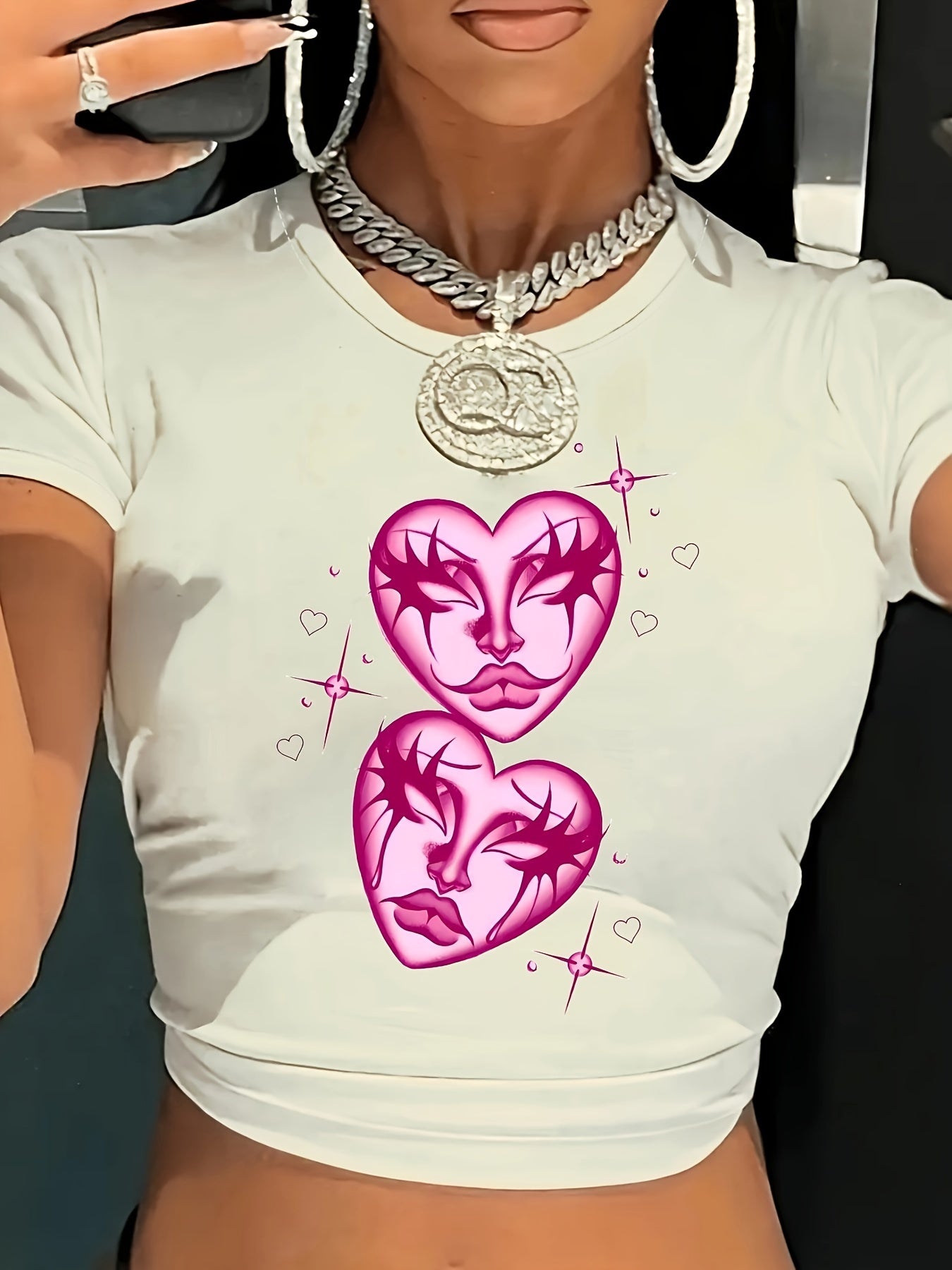 Y2K-Inspired Heart & Face Print Crop Top - Casual Short Sleeve T-Shirt for Women, Breathable Polyester Blend, Machine Washable, Round Neck, Belly Button